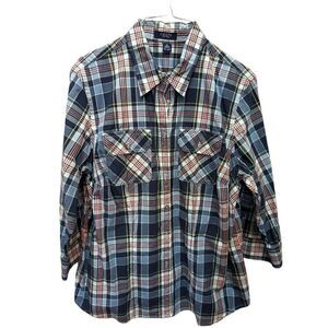 Chaps Women's 1X Red White Blue Plaid Button Front Cotton Shirt